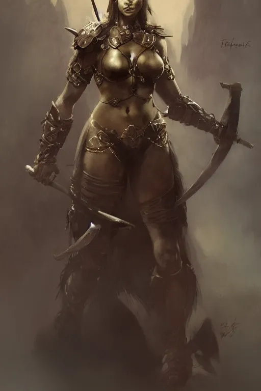 Prompt: full character portrait of a beautiful female warrior by frank frazetta, Ann Bachelier, trending on artstation, Mystical Valkyrie, realistic, clear refined, beautifully detailed, digital art, Unreal Engine, 8k, HD
