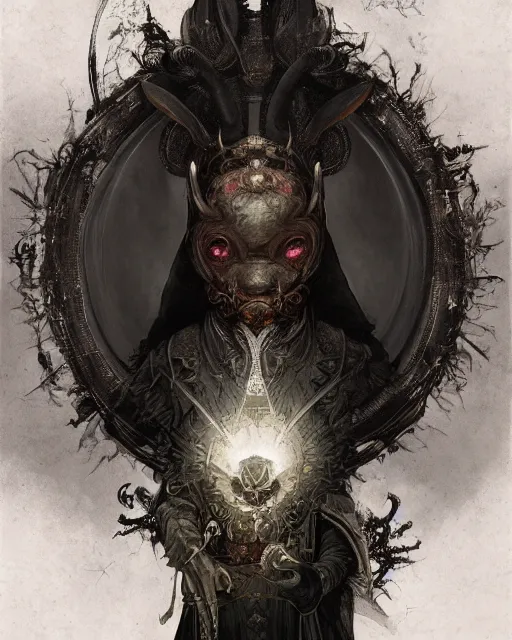 Prompt: Anthropomorphized black rabbit monk, portrait, Path of Exile, Diablo, Warhammer, digital painting, highly detailed, concept art, Nekro, Peter Mohrbacher, Alphonse Mucha, Brian Froud, Yoshitaka Amano, Kim Keever, Victo Ngai, James Jean