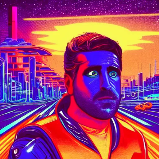 Image similar to a portrait of a Rayan Gosling with thunders in the sky in a future cybernetic city, outrun style and colours, trending on arstation, by dan mumford, by ross tran