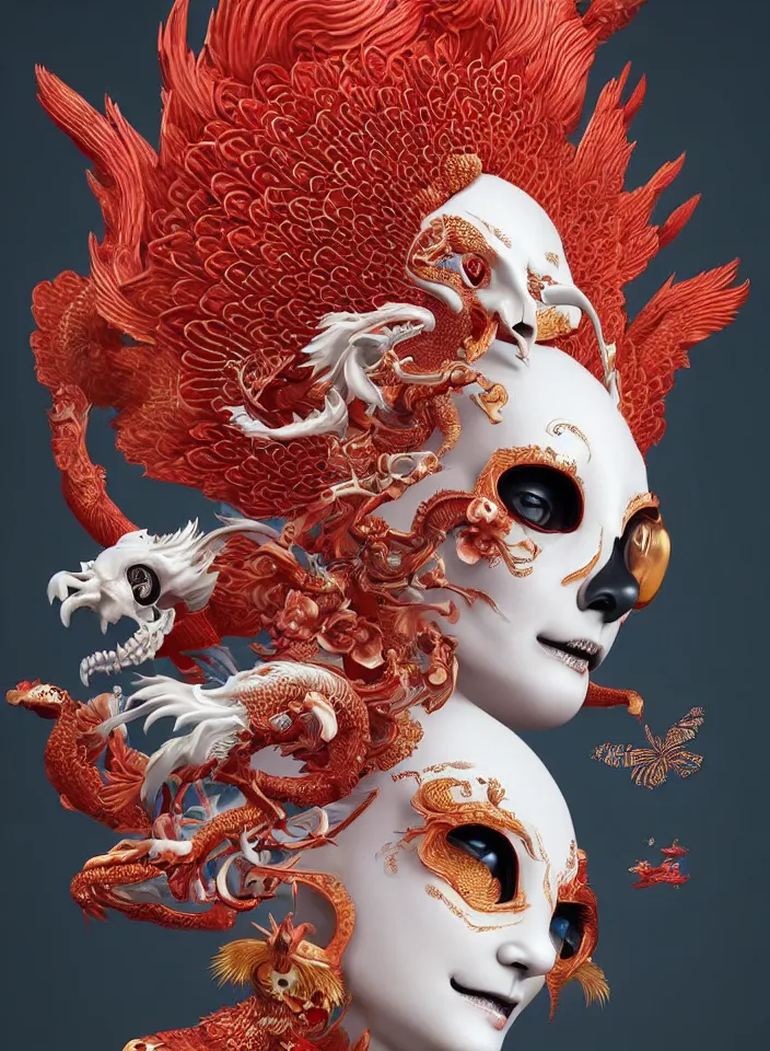 Prompt: 3 d goddess close up profile portrait with ghost skull. beautiful intricately detailed kitsune mask and clasical chinese cheongsam. chinese dragon, phoenix, red - crowned crane, crap fish, butterfly, bio luminescent, plasma, ice, water, wind, creature, artwork by tooth wu and wlop and beeple and greg rutkowski