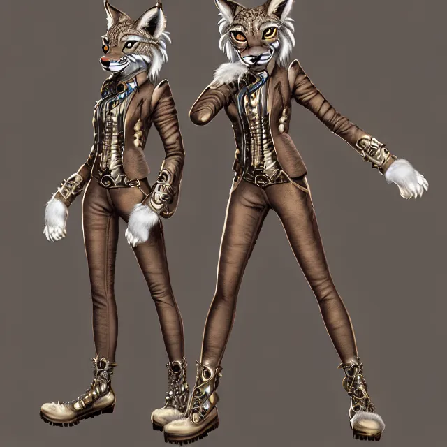 Image similar to the full body of anthropomorphic lynx fursona wearing a steampunk suit as unimaginably beautiful, gorgeous, elegant, young lynx, an ultrafine hyperdetailed illustration by furaffinity, intricate linework, white fur, unreal engine 5 highly rendered, global illumination, radiant light, detailed and intricate environment