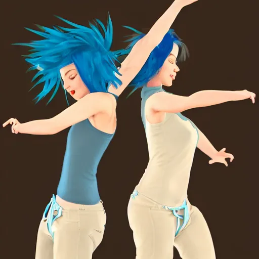 Prompt: two young women dancing together, one with short brown hair and one with blue hair, dramatic, trending on artstation