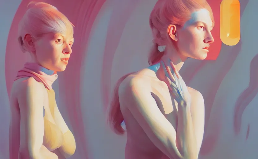 Image similar to Portrait of a cute woman, very coherent, painted by painted by Benjamin Björklund, painted by Edward Hopper, Wayne Barlowe, painted by James Gilleard, airbrush, art by JamesJean
