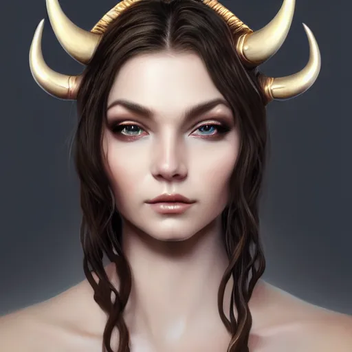 Image similar to perfectly - centered close - up face - portrait of horned goddess, the perfect human female specimen, intricate, elegant, super highly detailed, professional digital painting, artstation, concept art, smooth, sharp focus, no blur, no dof, extreme illustration, unreal engine 5, 8 k, by anne stokes