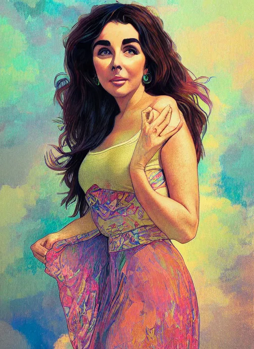 Prompt: elizabeth taylor detailed clothing, half body shot, arms down, path traced, highly detailed, high quality, digital painting, alena aenami, lilia alvarado, shinji aramaki, karol bak, alphonse mucha, tom bagshaw