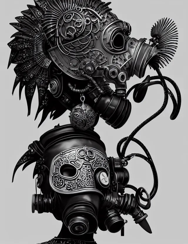 Image similar to 3 d goddess close - up profile punk portrait with vintage gas mask ram skull. beautiful intricately detailed japanese crow kitsune mask and clasical japanese kimono. betta fish, jellyfish phoenix, bio luminescent, plasma, ice, water, wind, creature, artwork by tooth wu and wlop and beeple and greg rutkowski