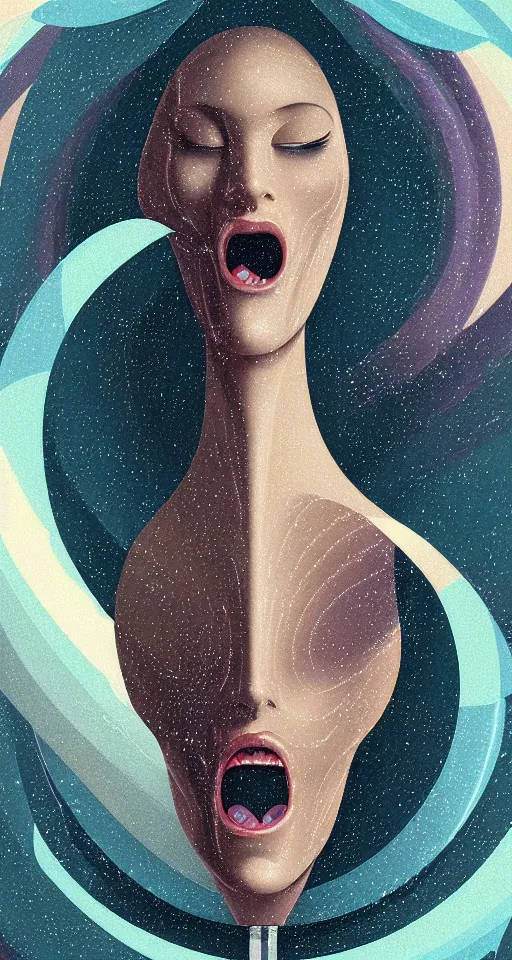 Image similar to art deco close up portait of stylish head with big mouth surrounded by spheres, rain like a dream digital painting curvalinear clothing cinematic dramatic fluid lines otherworldly vaporwave interesting details epic composition by artgerm anton pieck