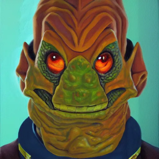 Prompt: oil painting portrait of a lizard person, a gorn from star trek