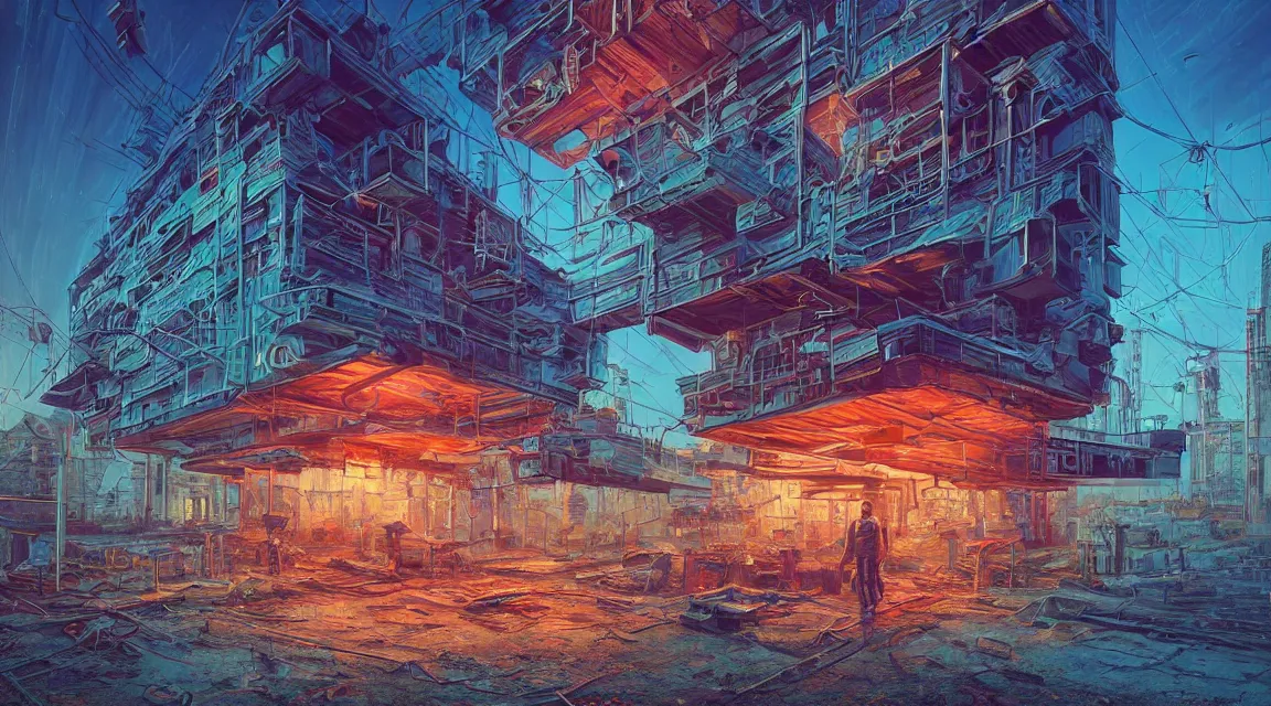 Prompt: Very highly detailed photo, post apocalyptic building, synthwave neon retro, by Vladimir Manyukhin, by Simon Stålenhag, by Guido Borelli, by Nathan Walsh, by Peter Gric, deviantart, trending on artstation, Photorealistic, vivid colors, polychromatic, glowing neon, geometric, concept art digital illustration, polished, beautiful, HDR Unreal Engine 64 megapixels IMAX Terragen 4.0, 8k resolution concept art filmic complex utopian mysterious moody futuristic