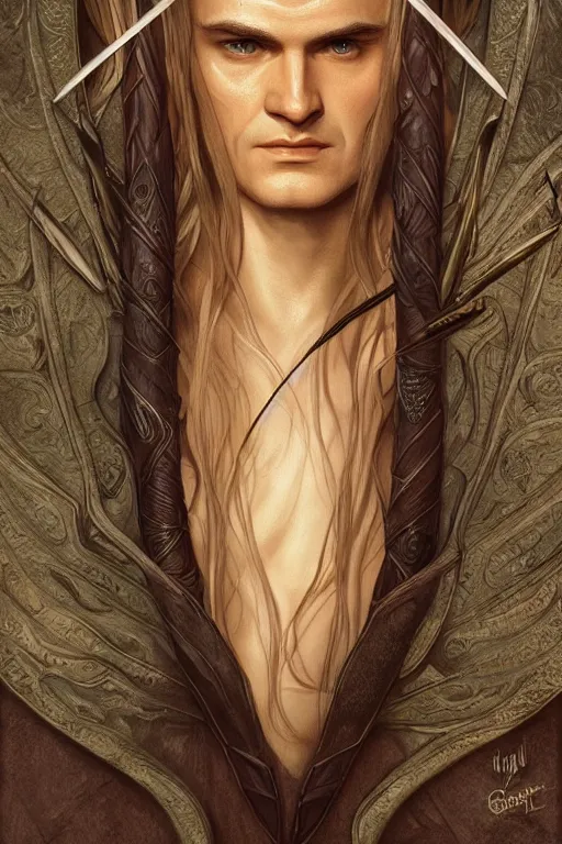 Image similar to legolas, lord of the rings elf, intricate, elegant, highly detailed, digital painting, artstation, concept art, smooth, sharp focus, illustration, art by artgerm and greg rutkowski and alphonse mucha