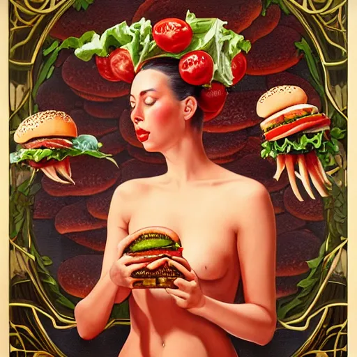 Prompt: detailed full body concept art illustration oil painting of Lana Rhoades eating hamburgers, extra ketchup, bacon lettuce and tomatos, oriental art nouveau, frock, mid body, radiant halo of light, black gold smoke ink, woman covered in sliced tomatos and onions, peter mohrbacher, artgerm