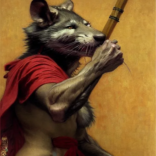 Image similar to a male ninja ratwolfman rat wolf man in a red kimono furry arms furry body walking stick. furaffinity furry art detailed face painting by gaston bussiere craig mullins jc leyendecker gustav klimt artgerm greg rutkowski furry