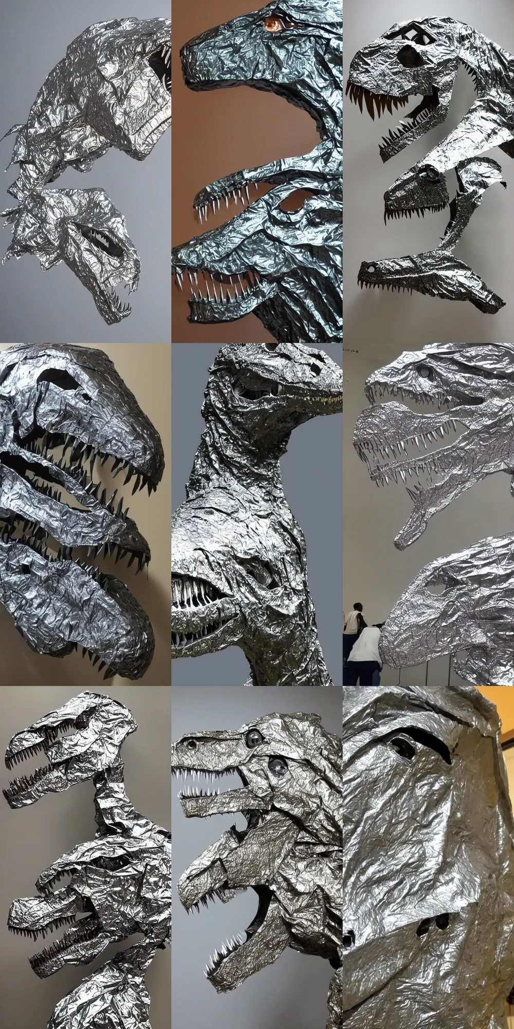 Prompt: a profile view of a t - rex made out of tinfoil