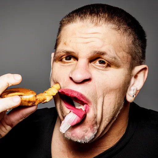 Image similar to a high resolution 4k photograph of John Joseph, the singer of the cromags, shoving a cheeseburger into his mouth