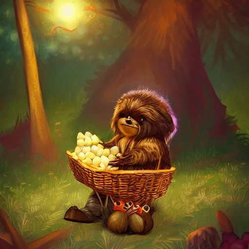 Prompt: adventurous ewok shopping in the forest market at night with a basket that contains acorns, berries, and leaves, artstation, colorful