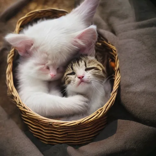 Image similar to two kittens sleeping in a basket, happy, cute