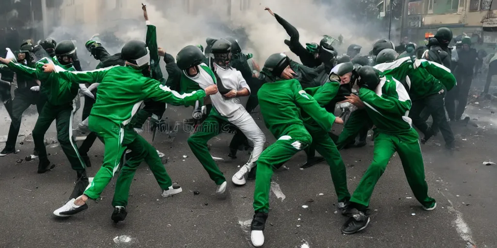 Prompt: photo of young men wearing green and white tracksuits fighting cops in a riot with burning cars, mid shot, editorial photography, night