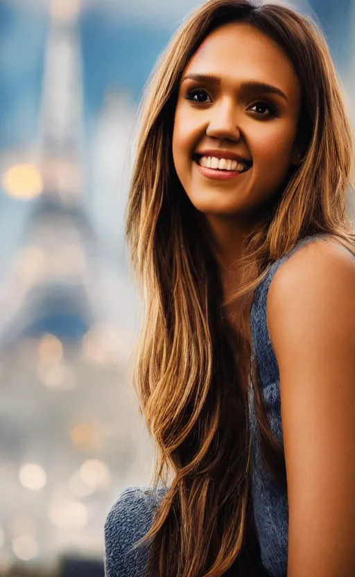 Image similar to portrait of jessica alba , 3/4 view realistic, detailed, diffuse sunlight, soft lights, bokeh Paris in background