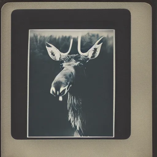 Image similar to polaroid of a moose with a mischievous smile