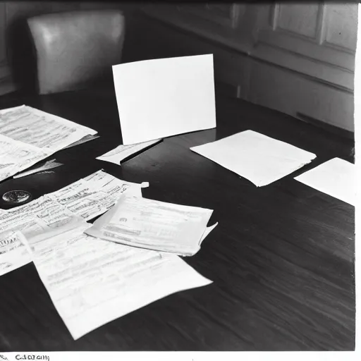 Prompt: shite paper sheets, documents, tax returns on a mahagony table, press photograph, archive, 1 9 th centrury photo