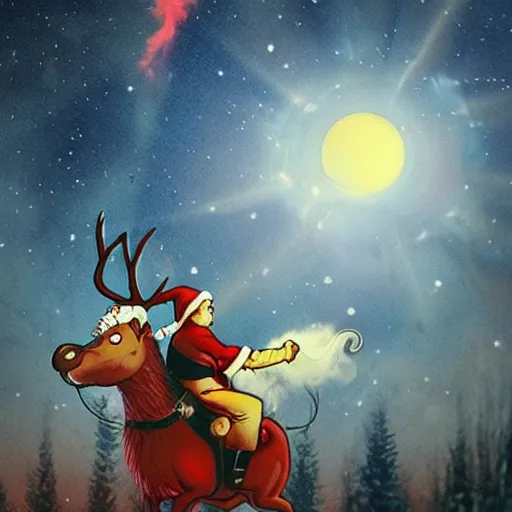 Image similar to evil santa claus rides his fiery chariot through the night sky being led by demonic reindeer