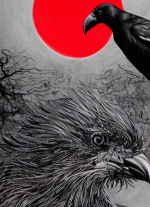 Image similar to portrait, A crow in front of the full big moon, book cover, red white and black colors, establishing shot, extremly high detail, foto realistic, cinematic lighting, pen and ink, intricate line drawings, by Yoshitaka Amano, Ruan Jia, Kentaro Miura, Artgerm, post processed, concept art, artstation, matte painting, style by eddie mendoza, raphael lacoste, alex ross