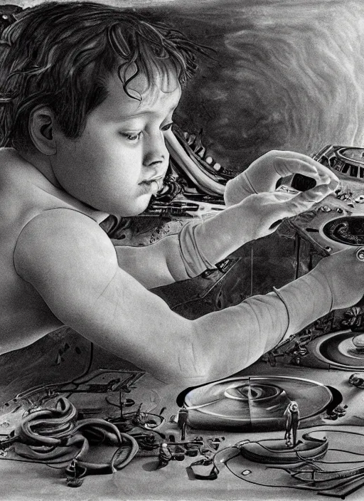 Prompt: a boy playing cdjs on a psychedelic space, by Salvador dali, da Vinci, real 3D, atmosphere, gesture drawn