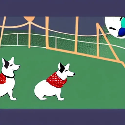 Image similar to illustration of french boy in paris playing football against a corgi, the corgi is wearing a polka dot scarf