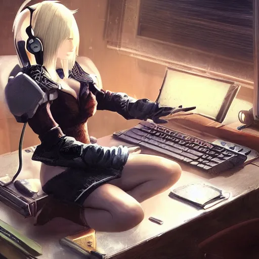 Image similar to a blonde miqo'te sitting in front of a computer wearing headphones, final fantasy xiv, in the style of greg rutkowski, fantasy, amazing detail, epic, elegant, smooth, sharp focus