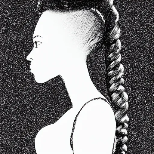 Prompt: a black and white drawing of the silhouette of a woman with long curly in a ponytail hair using a dress