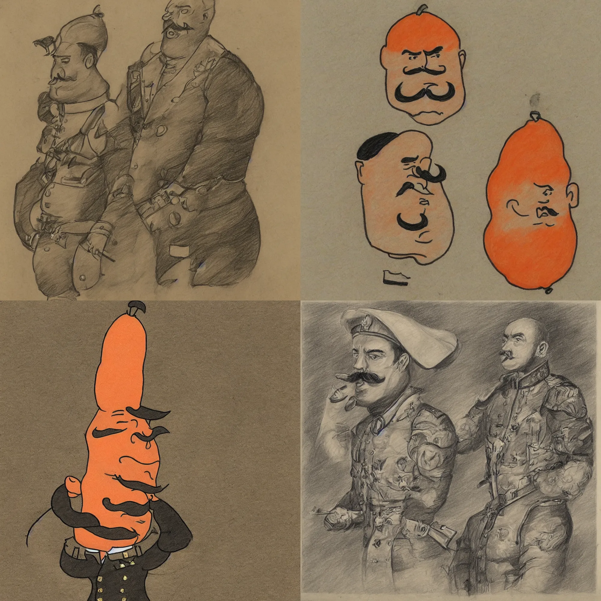 Prompt: a high-quality drawing of an angry pear-shaped army general with a thick mustache, orange skin, and aureola