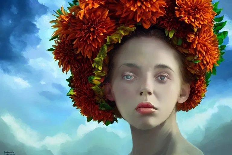 Image similar to giant dahlia flower crown under head, portrait girl on mountain, surreal photography, blue storm clouds, dramatic light, impressionist painting, digital painting, artstation, simon stalenhag