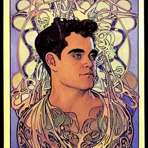 Image similar to robbie williams art by mucha.