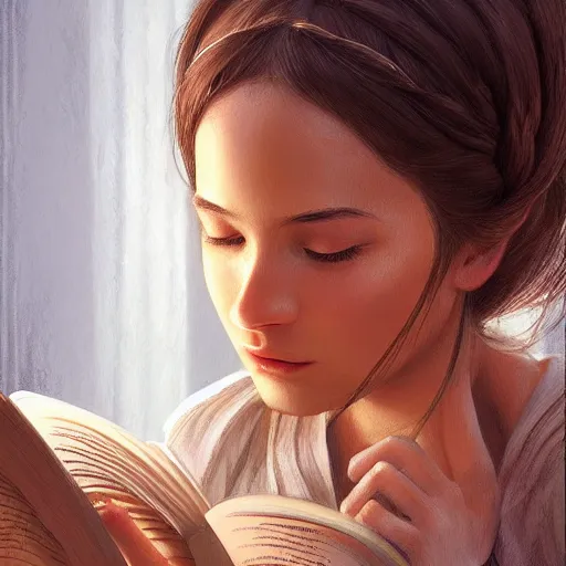 Image similar to village girl reading a book, cinematic, intricate, elegant, highly detailed, digital painting, artstation, concept art, smooth, sharp, focus, illustration, art by artgerm and Johfra Bosschart