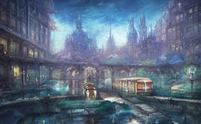 Prompt: An urban train rides inside of a waterway on a fantasy city, next to a fountain and a mystical palace. By William-Adolphe Bouguerea, Jordan grimmer, fractal flame. Highly_detailded