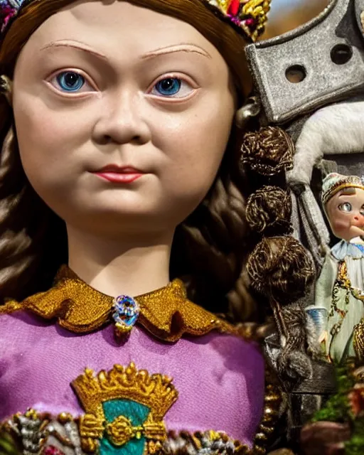 Prompt: highly detailed closeup, face profile portrait of a tin toy weimar greta thunberg as a fairytale princess wearing a crown and sitting on a throne, bikini, depth of field, otto dix, breathtaking, detailed and intricate environment, 8 k resolution, hyperrealistic, octane render