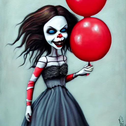 Prompt: grunge painting of yourself with a wide smile and a red balloon by chris leib, loony toons style, pennywise style, corpse bride style, horror theme, detailed, elegant, intricate