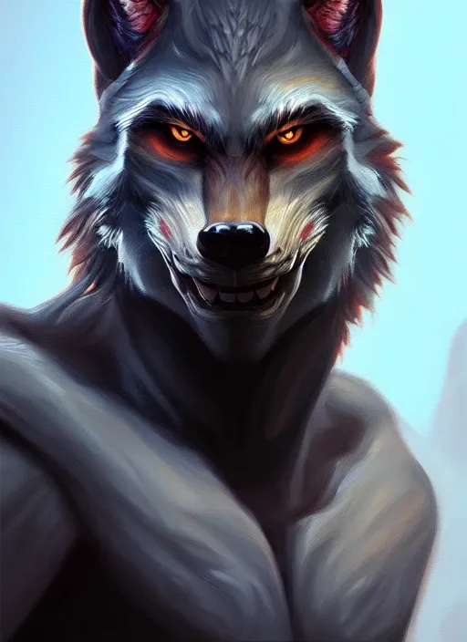 Image similar to portrait painting of werewolf, acrylic, daz. detailed, portrait, oil painting, artstation, unreal 5, hd, artgerm, dnd, rpg