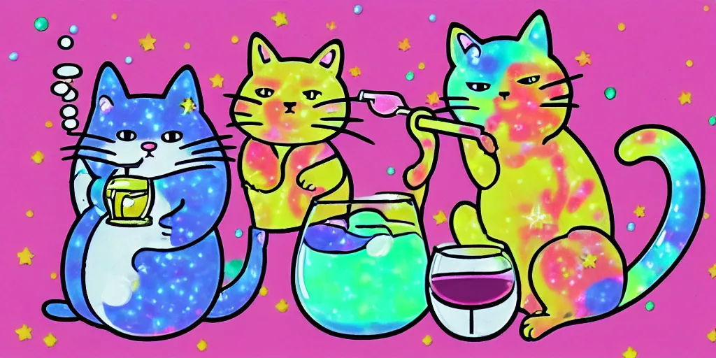 Image similar to a cat drinking red wine, puffy sticker, glitter sticker, kawaii by studio ghibli, by lisa frank 8 k pastel colours, neon colours, fluorescent colours,