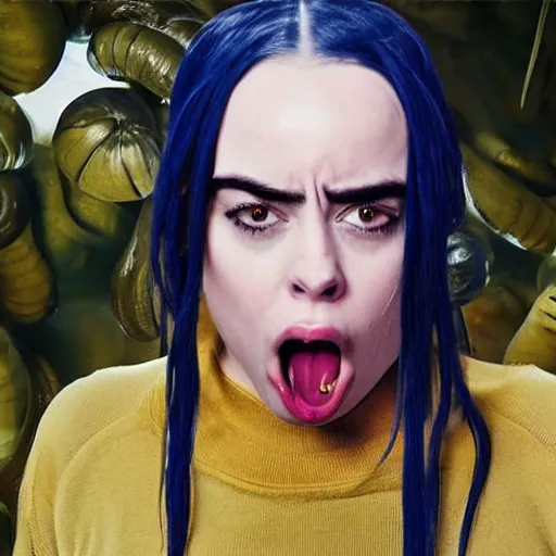 Image similar to bald billie eilish screaming with mouth full of snails