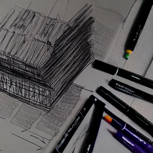 Image similar to a copic colour marker with black gel pen concept art of herzog & de meuron architecture