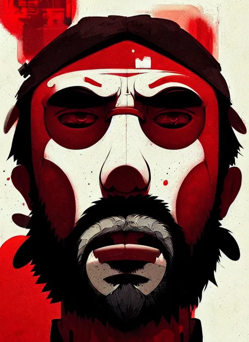 Image similar to highly detailed closeup portrait of abe from abe's odyssey, mudoken, by atey ghailan, by greg rutkowski, by greg tocchini, by james gilleard, by joe fenton, by kaethe butcher, gradient red, black, brown and white color scheme, grunge aesthetic!!! white graffiti tag wall background