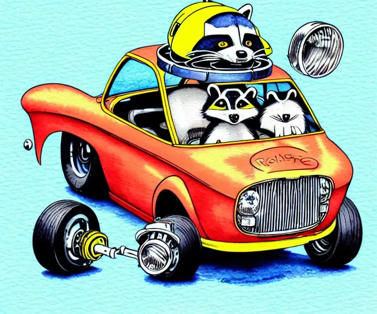 Image similar to cute and funny, racoon wearing a helmet riding in a tiny hot rod coupe with oversized engine, ratfink style by ed roth, centered award winning watercolor pen illustration, isometric illustration by chihiro iwasaki, edited by range murata