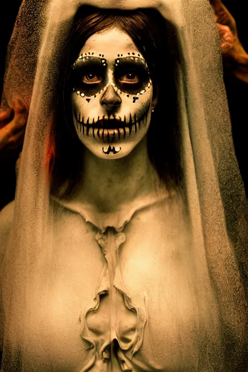 Prompt: wet collodion process, virgin mary in dia de muertos dress and make up, horrific beautiful vibe, evocative, atmospheric lighting, painted, intricate, highly detailed, leesha hannigan, wayne haag, reyna rochin, ignacio fernandez rios, mark ryden, iris van herpen, stunning, gorgeous, sharp focus, cinematic, masterpiece