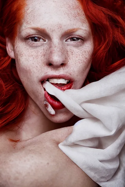 Prompt: A beautiful young woman with red hair, very light freckles, mouth slightly open, slight smile, linnen sheet draped over right shoulder, seducing the camera, award winning photograph by Annie Liebowitz
