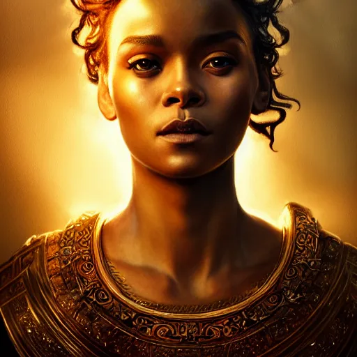 Image similar to majestic gracious regal goddess rhianna portrait, ancient greece, elysium, atmospheric lighting, painted, intricate, volumetric lighting, beautiful, rich deep colours masterpiece, golden hour, sharp focus, ultra detailed, by leesha hannigan, ross tran, thierry doizon, kai carpenter, ignacio fernandez rios