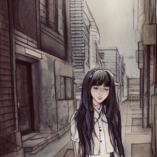 Prompt: a perfect, realistic professional digital sketch of a Japanese schoolgirl posing in a sci-fi alleyway, style of Marvel and DC, full length, by pen and watercolor, by a professional American senior artist on ArtStation, a high-quality hollywood-style sketch, on high-quality paper