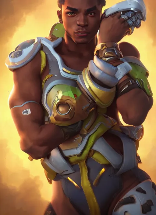 Image similar to character portrait of a fusion of Lucio from Overwatch and Doomfist from Overwatch by ArtGerm and Tom Bagshaw, 4k, highly detailed, cinematic lighting, characters merged