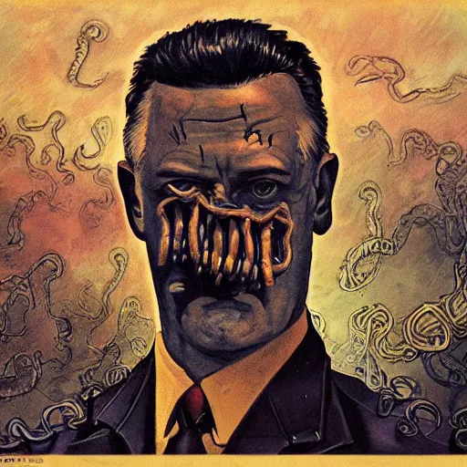 Prompt: igor ivanovich strelkov became an aggressive lovecraftian degenerate calling for total mobilization, photo - realistic, color image, 2 k, highly detailed, bodyhorror, occult art