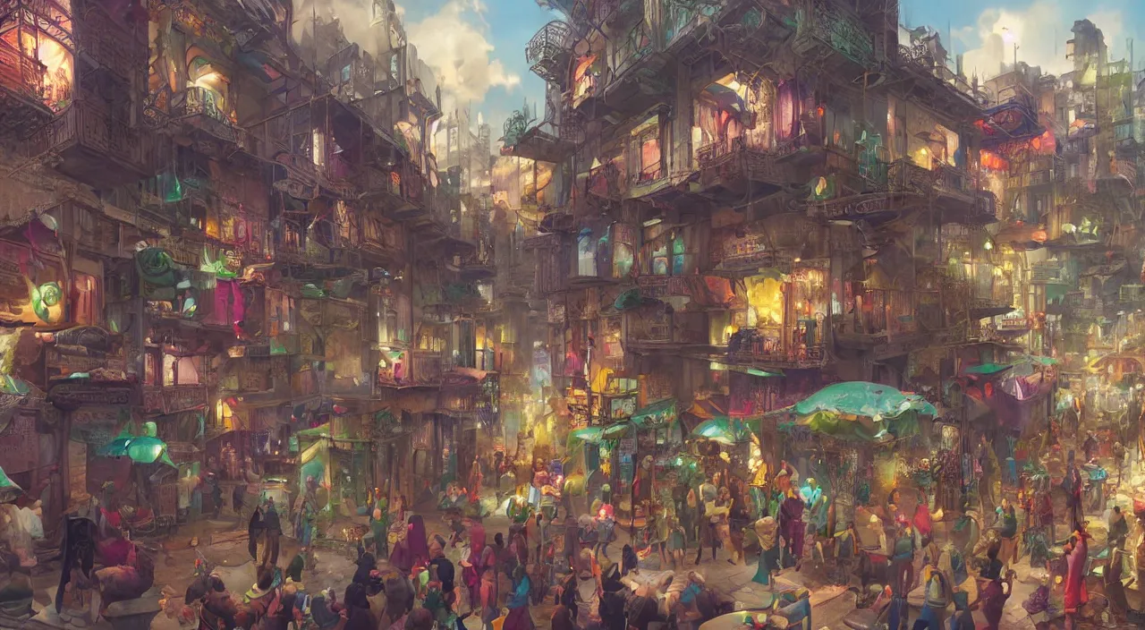 Image similar to bazaar zouk oriantal place mosquet multicolorful sky shine matte painting, street art, trending on artstation, by huang guangjian and gil elvgren and sachin teng